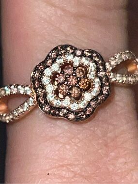 Gold Sterling Silver Flower CZ Cluster with Champagne and White Stones sz 10